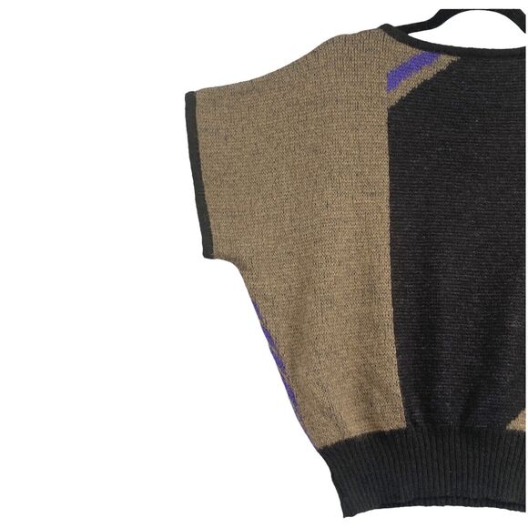 VTG 80s Mohair Wool Sweater Sm Abstract Short Slv Dolman Purple Black Italy Fuzz - Picture 5 of 12